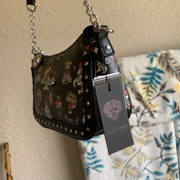 Ed Hardy Black and Red Tattoo Studded Shoulder Bag optional Crossbody strap - Picture 2 of 8